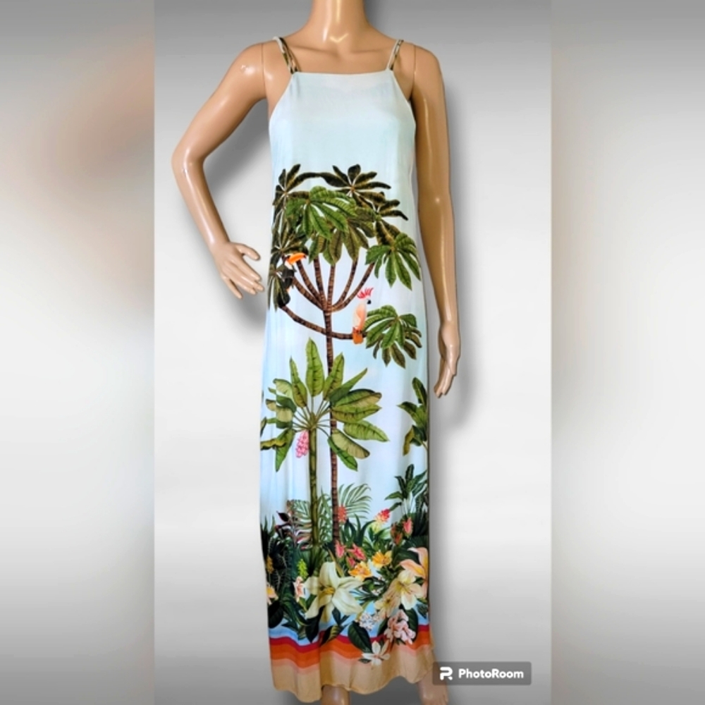 Farm Rio Tropical Toucan Maxi Dress Tasseled M